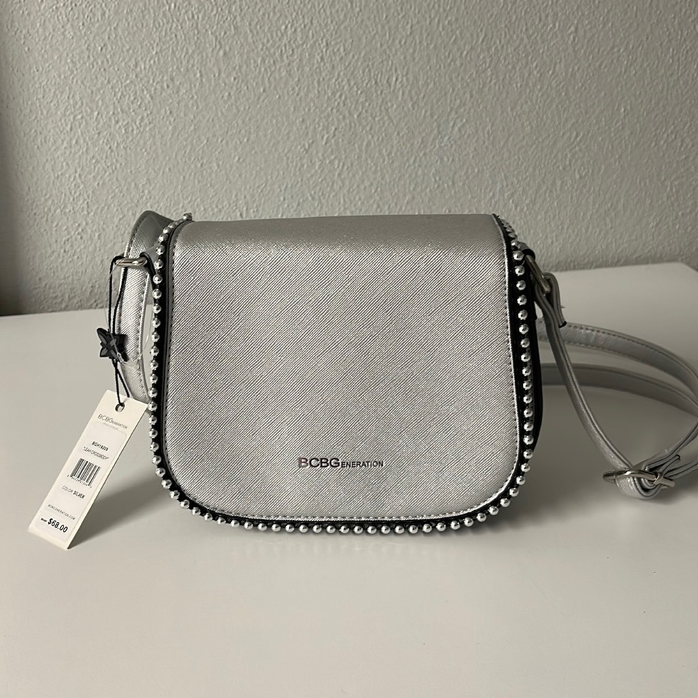 NWT BCBG Hard Case Silver Crossbody with studs & Black